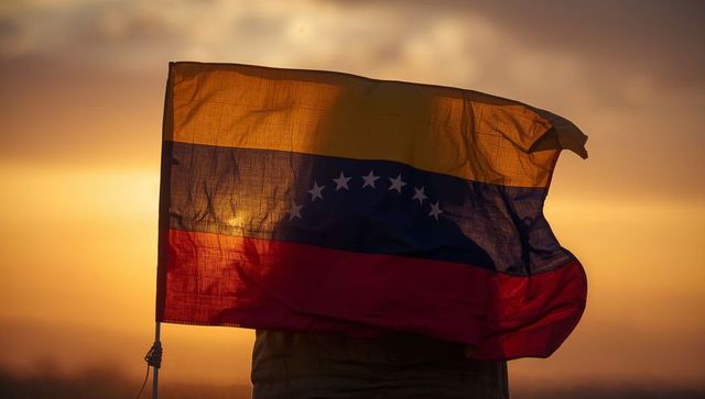 Holding venezuelan flag at dramatic sunset backlit silhouette waving stars evoking patriotism