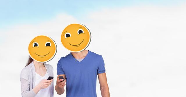 Digital composite of Digital composite image of man and woman with smiley faces using smart phones