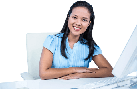 transparent smiling businesswoman at desk with computer - Download Free Stock Videos Pikwizard.com