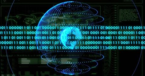 Holographic Data Globe Rotating with Binary Stream and Futuristic Neon HUD Visualization