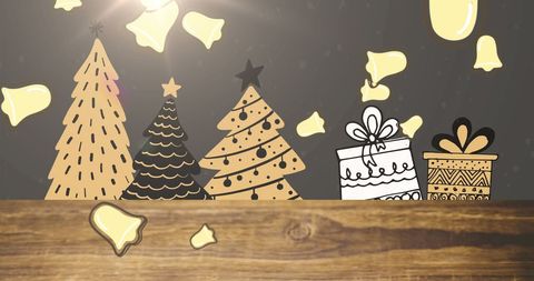 Festive Christmas Trees with Gifts and Falling Bells Background