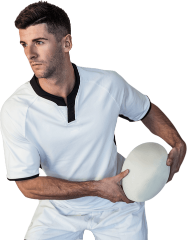 Rugby Athlete Holding Ball in Concentration on Transparent Background