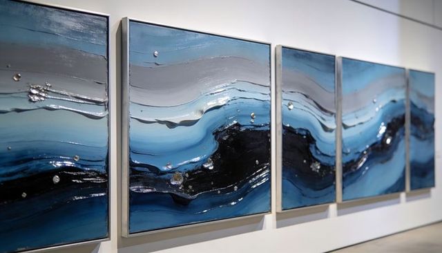 Five-panel blue resin wave abstract wall art flowing ocean layers with glossy droplets