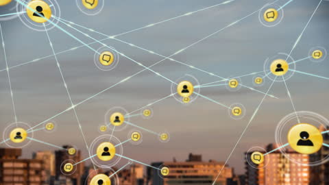 Global Networking Technology Animation Over Cityscape