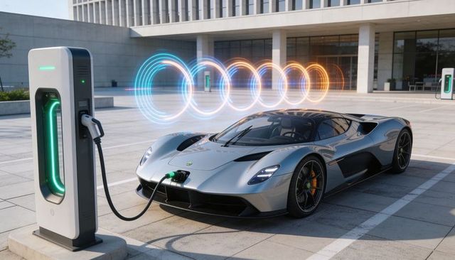 Silver hypercar charging at urban ev station with glowing energy rings and neon accents