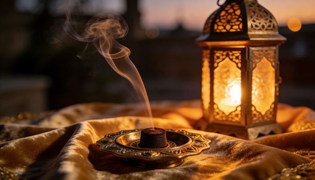 Burning incense cone releasing curling smoke beside ornate moroccan lantern at dusk