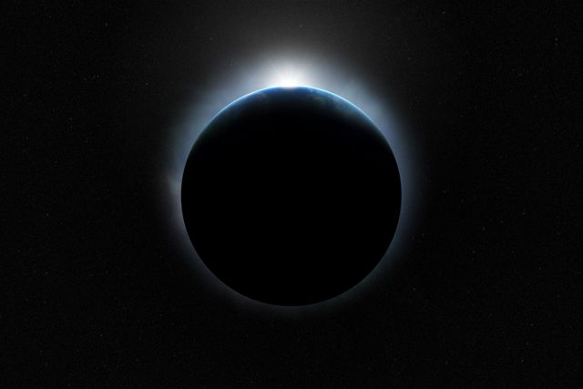 Solar eclipse event with subtle Earth glow and starry background. Perfect for depicting space exploration, celestial events, or astronomical phenomena. Can be used in educational materials, science presentations, or astronomy-related articles.