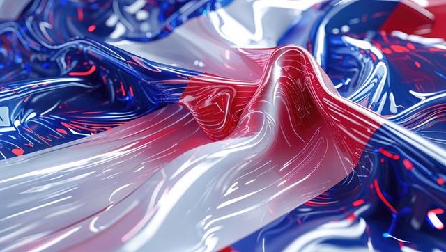 Shimmering abstract red white blue metallic membrane with neon reflections