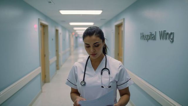 Nurse standing in pale blue hospital corridor reading patient notes wearing stethoscope