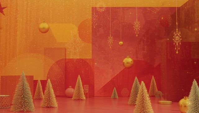 Luxurious Christmas Trees with Hanging Baubles and Snowflake Chandeliers