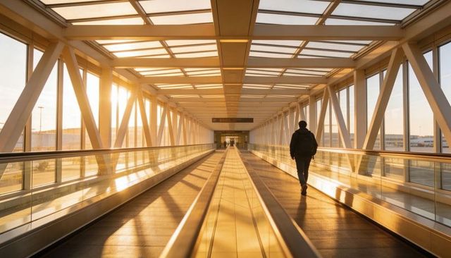 Solo Traveler Walking Sunlit Airport Skybridge with Moving Walkways, Golden Hour Light