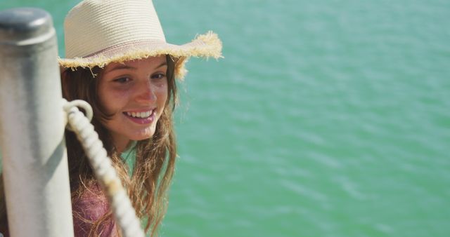 Smiling Woman on Boat with Ocean in Background - Download Free Stock Images Pikwizard.com