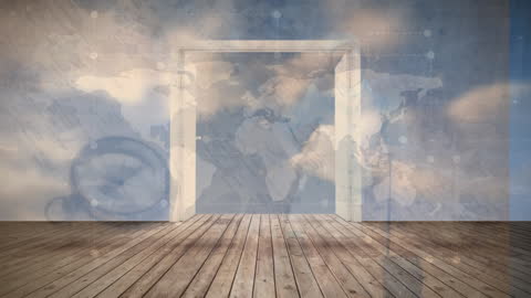 Open Door on World Map with Compass Symbolizing Vision and Exploration