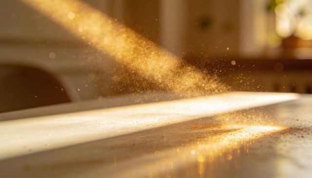 Golden sunbeam streaming across wooden table lighting dust motes and warm bokeh glow