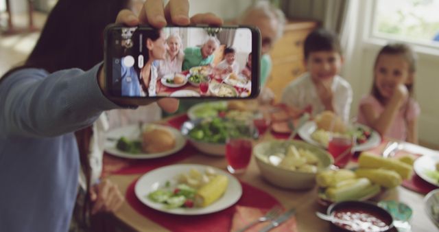 Family Taking Selfie During Gathered Meal Around Table - Download Free Stock Images Pikwizard.com