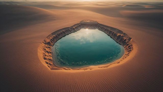 Serene desert oasis in golden sunlight