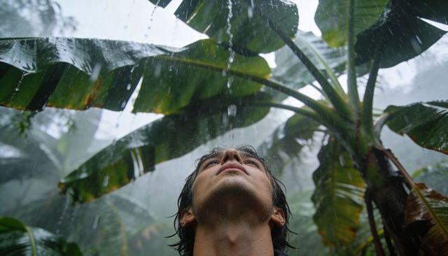 Man looking up through banana canopy while rain falling and dripping over face in tropical rainfores