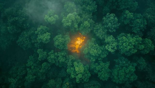 Aerial View of Mystical Forest with Glowing Campfire
