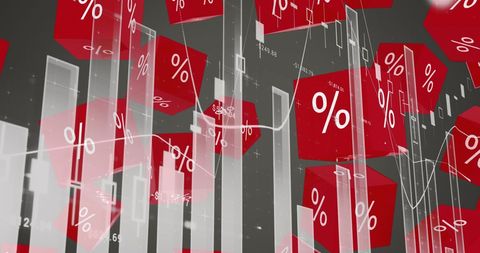 Red Percent Cubes Amid Floating Financial Graphs and Data - Download Free Stock Images Pikwizard.com
