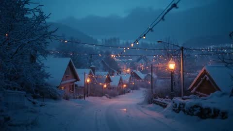 Snowy Village Lane Illuminated by String Lights at Twilight