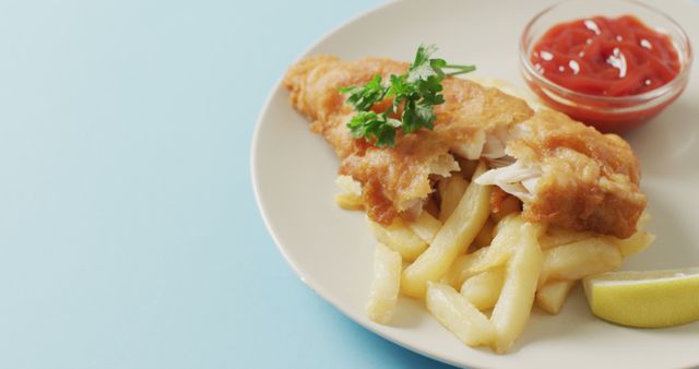 Crispy Fish and Chips with Ketchup and Parsley Garnish - Download Free Stock Images Pikwizard.com