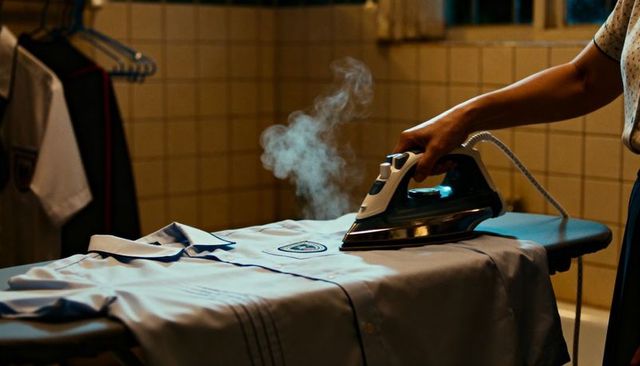 Pressing steam iron on blue school uniform shirt with rising steam and warm indoor light