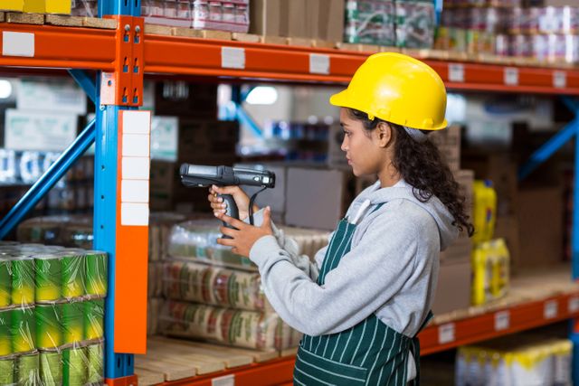 Female worker using barcode scanner in warehouse