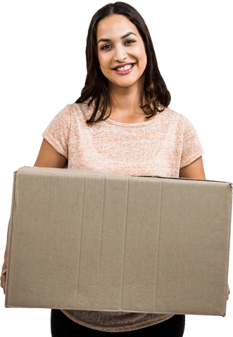 Smiling woman holding large cardboard box transparent background