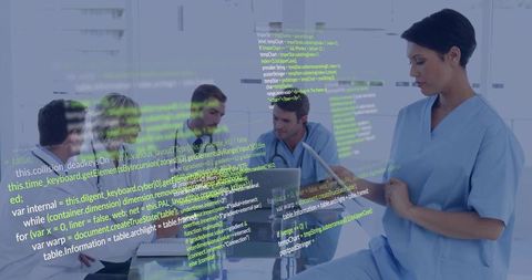 Healthcare Professional Analyzing Data with Digital Code Overlay