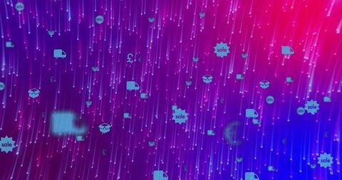 Flowing Neon Streaks with Floating Ecommerce Icons