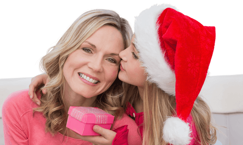 Joyous Mother and Daughter Celebrating Christmas with Gift on Transparent Background