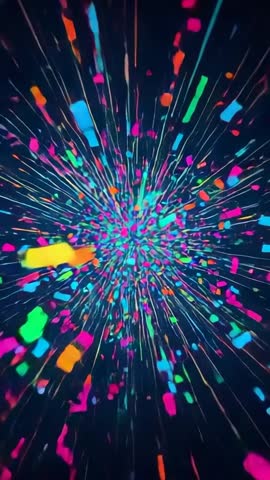 Vertical neon confetti burst expanding outward in dark void, vibrant abstract motion loop