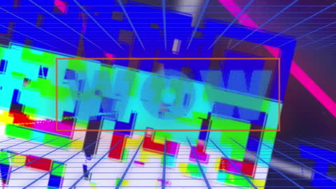 Futuristic Digital Grid with Neon Graphics Overlay