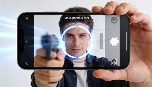 Man aiming handgun at smartphone camera with augmented reality reticle closeup