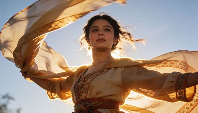 Backlit indian woman lifting flowing scarf at golden hour wearing embroidered tunic