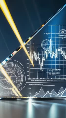 Triangular Holographic Panel Rotating with Pulsing Data Visualizations and Light Beams