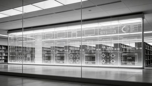 Backlit glass wall displaying ui schematics in modern library with glass partition shelving