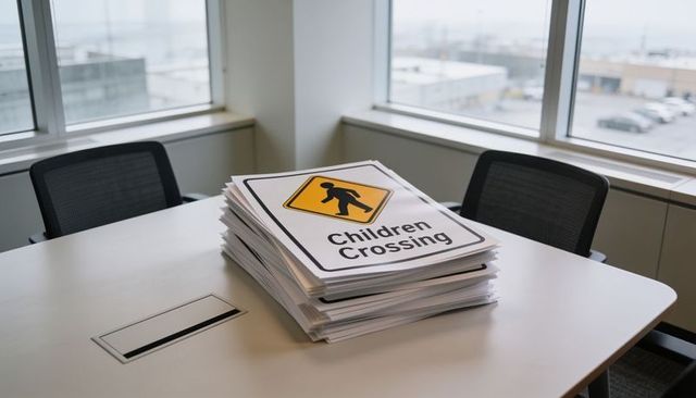Stacking children crossing signs on white conference table in minimalist modern office
