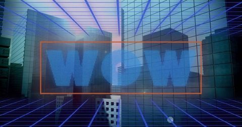 Digital Cityscape with WOW Text Overlay in Futuristic Design