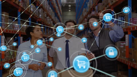 Warehouse Team Analyzing Networked Data Connections for Efficient Logistics