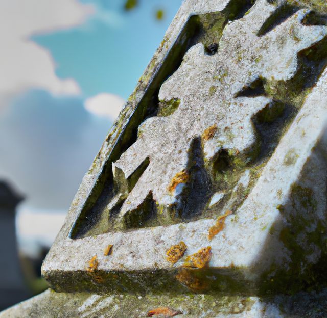 Close up of gray tombstone on cemetery and moss on sunny day. Memorial, faith and cemetery concept.