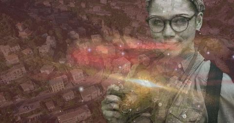 Digital Interface Exploration: Photographer Overlooking Urban Cityscape