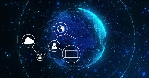 Glowing digital global earth network showing cloud security, connected users and devices