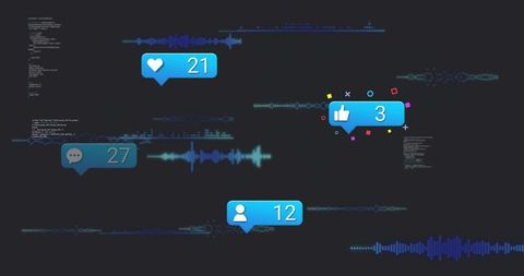 Floating social notification badges over waveforms displaying engagement metrics for analytics