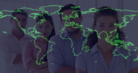 Global team standing united behind neon-green world map projection for strategy