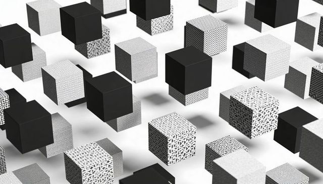Floating monochrome patterned cubes creating minimalist repeating grid and soft shadows