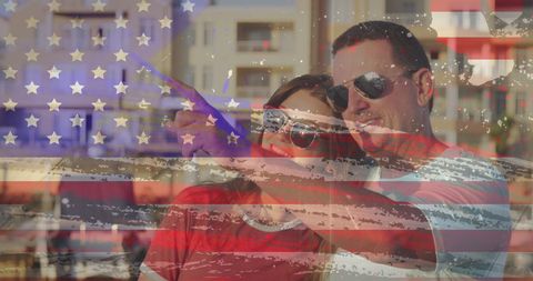 Patriotic Couple with Grunge American Flag Overlay