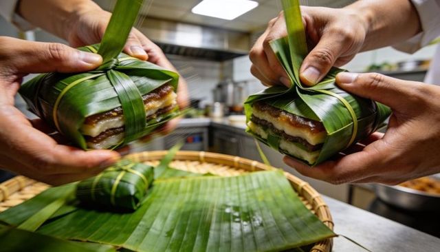 Chefs wrapping layered sticky rice parcels in banana leaves for service