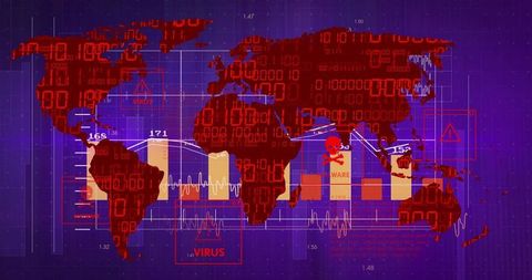 Global Cybersecurity Threat Analysis with World Map and Virus Icons