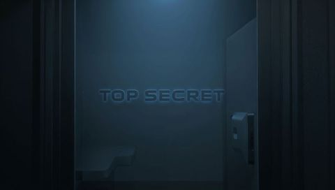 Frosted glass door marked top secret with card reader in dark secure corridor
